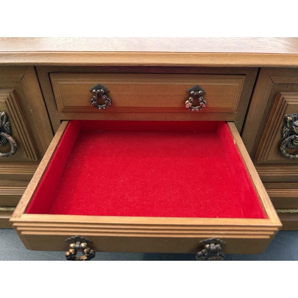 Vintage Wooden Jewelry Armoire Cabinet Lion Head Doors Red Felt Lined 13 Drawer